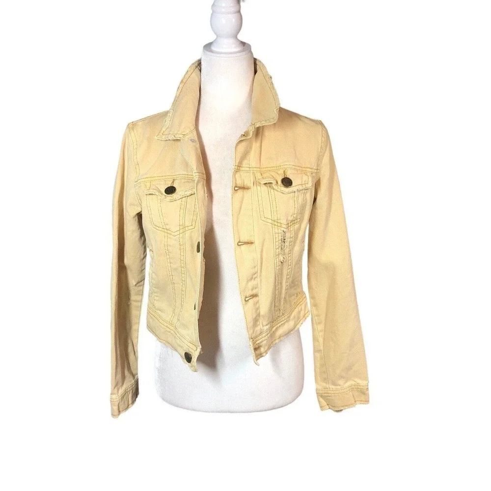 Free‎ People Jacket Womens 4 Pastel Yellow Button Collar Pockets Rumors Denim
